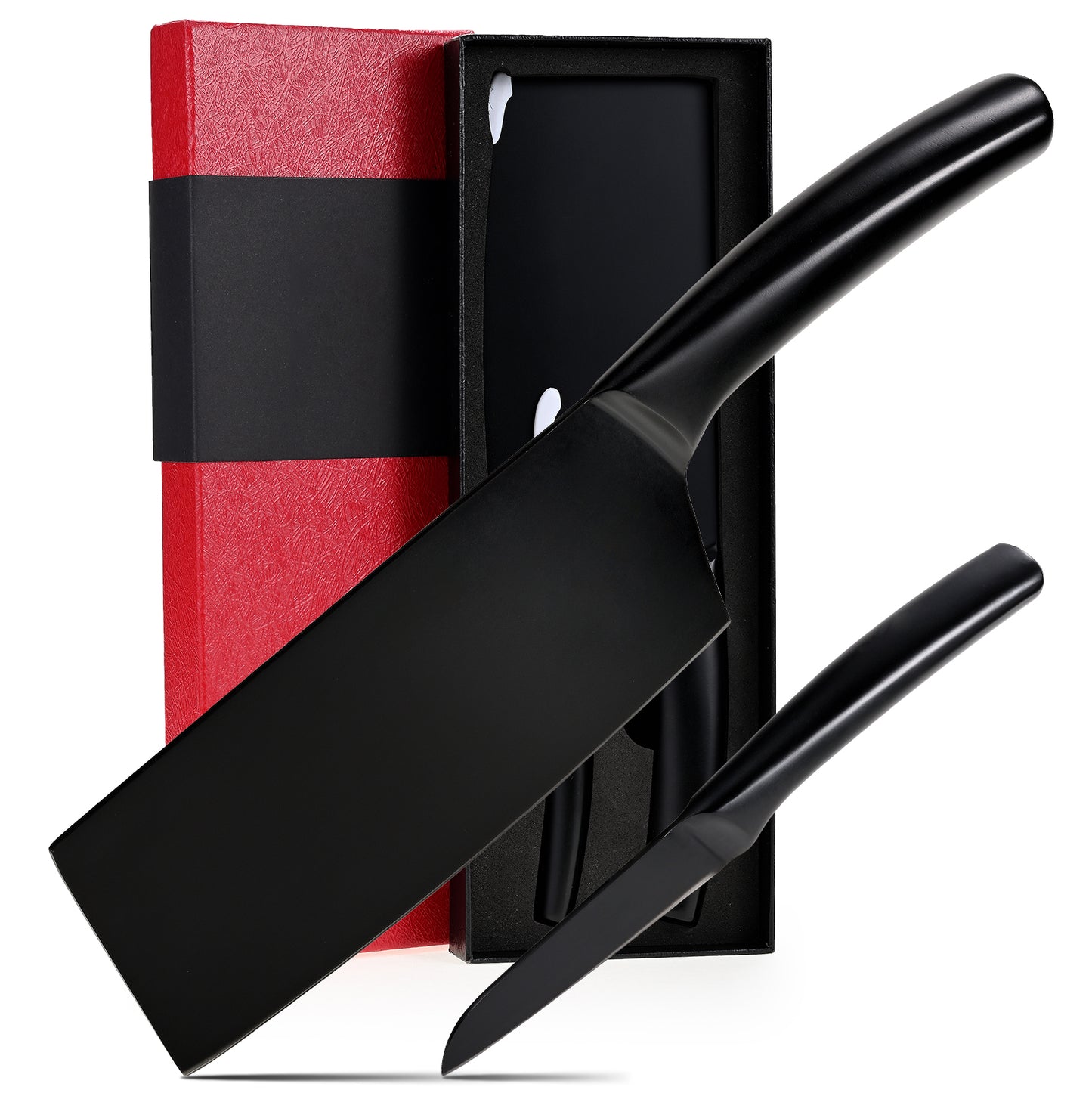 SHI BA ZI ZUO Meat Cleaver and Fruit Knife,2 Pieces Kitchen Knife Set,Black Ti Coating Cleaver Knife Slicing Knife Paring Knife with Hollow Handle