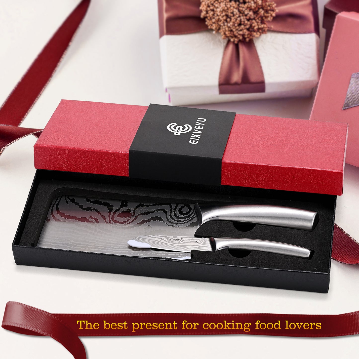 SHI BA ZI ZUO Chopping Knife and Fruit Knife,2 Pieces Kitchen Knife Set Damascus Pattern Chinese Cleaver Paring Knife with Hollow Handle