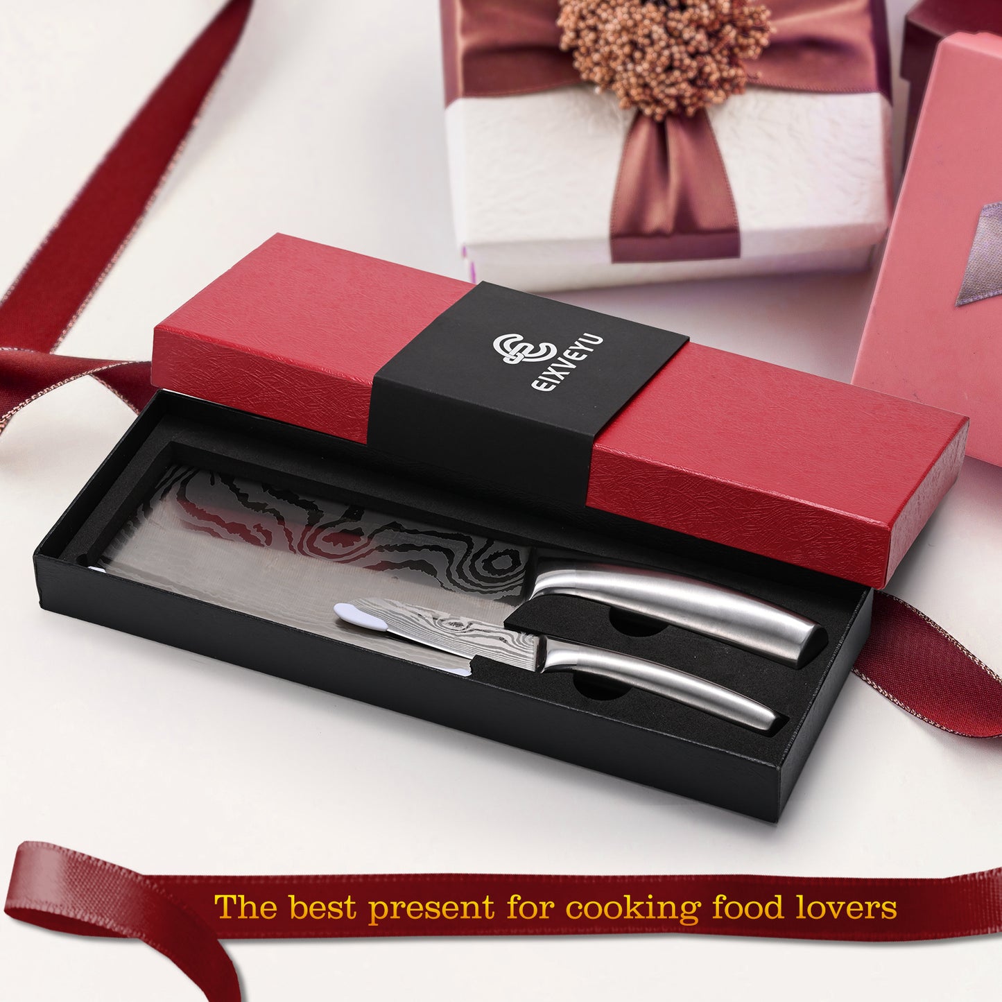 SHI BA ZI ZUO 2 Pieces Knife Set Cleaver Knife and Paring Knife,Stainless Steel Fruit knife Meat Knife with Damascus Pattern,Anti-Slip Hollow Handle