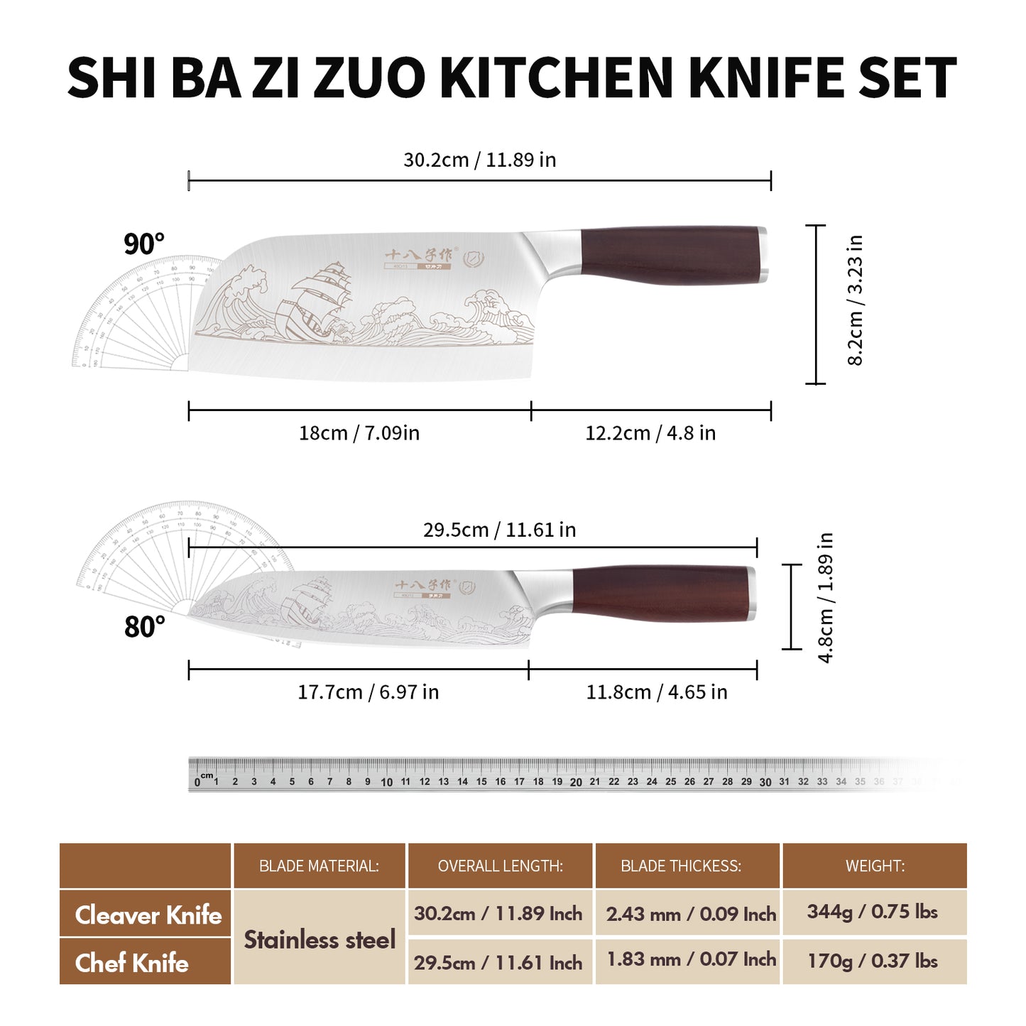 SHI BA ZI ZUO Meat Cleaver Set Chinese Style Patterns 7.09”&6.97" Chef Knife Stainless Steel Professional Kitchen Cleaver And Santoku Knife (Kitchen Knife Set 2 Pcs)