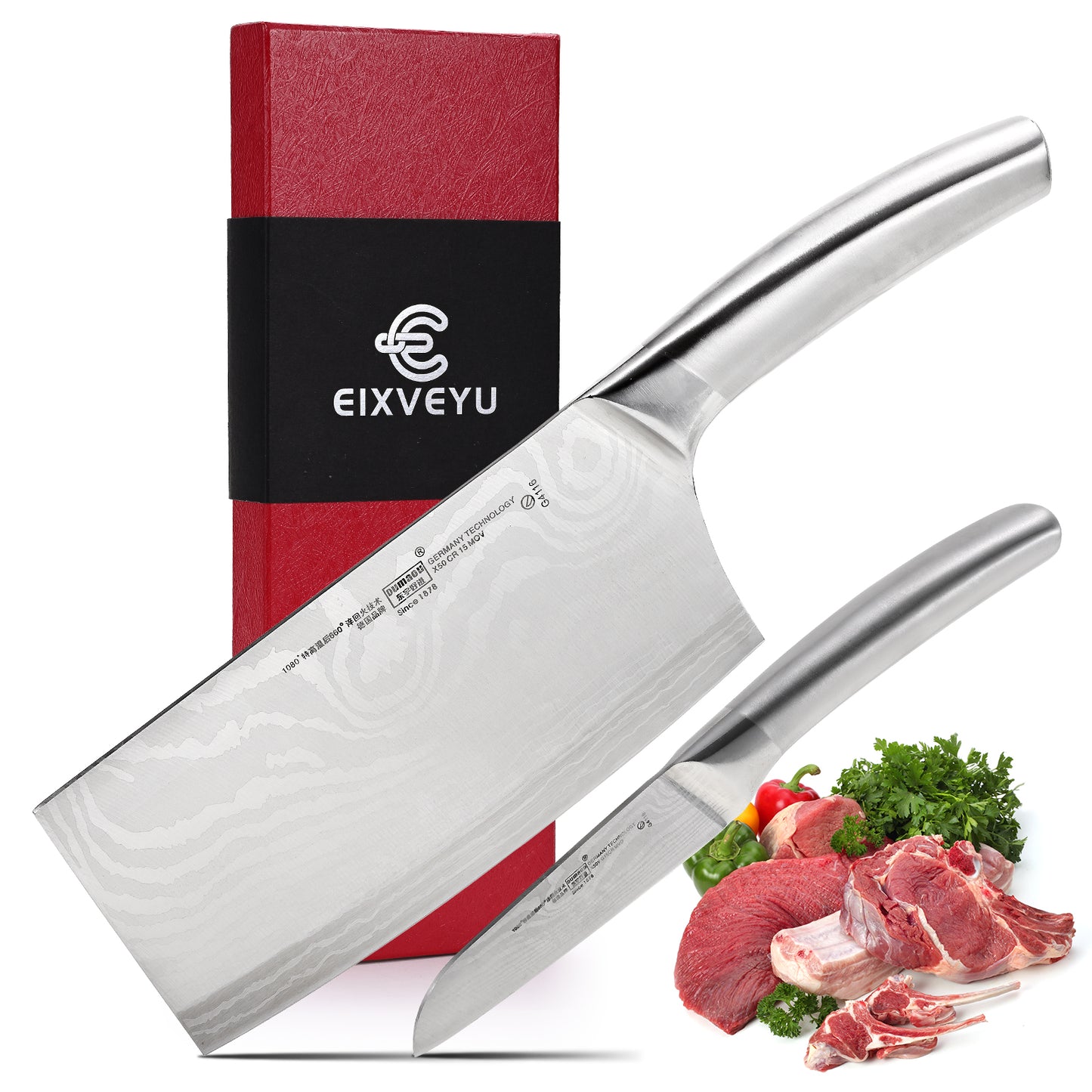 SHI BA ZI ZUO 2 Pieces Knife Set Cleaver Knife and Paring Knife,Stainless Steel Fruit knife Meat Knife with Damascus Pattern,Anti-Slip Hollow Handle
