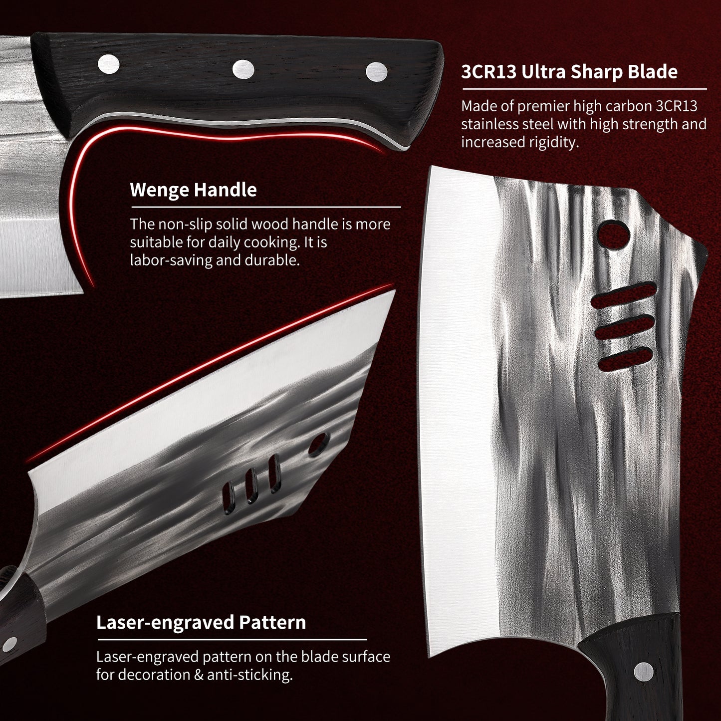 SHI BA ZI ZUO Chopping Knife Forged Cleaver Knife Heavy Duty Kitchen Knife for Meat Cutting with Anti-Slip Wooden Handle