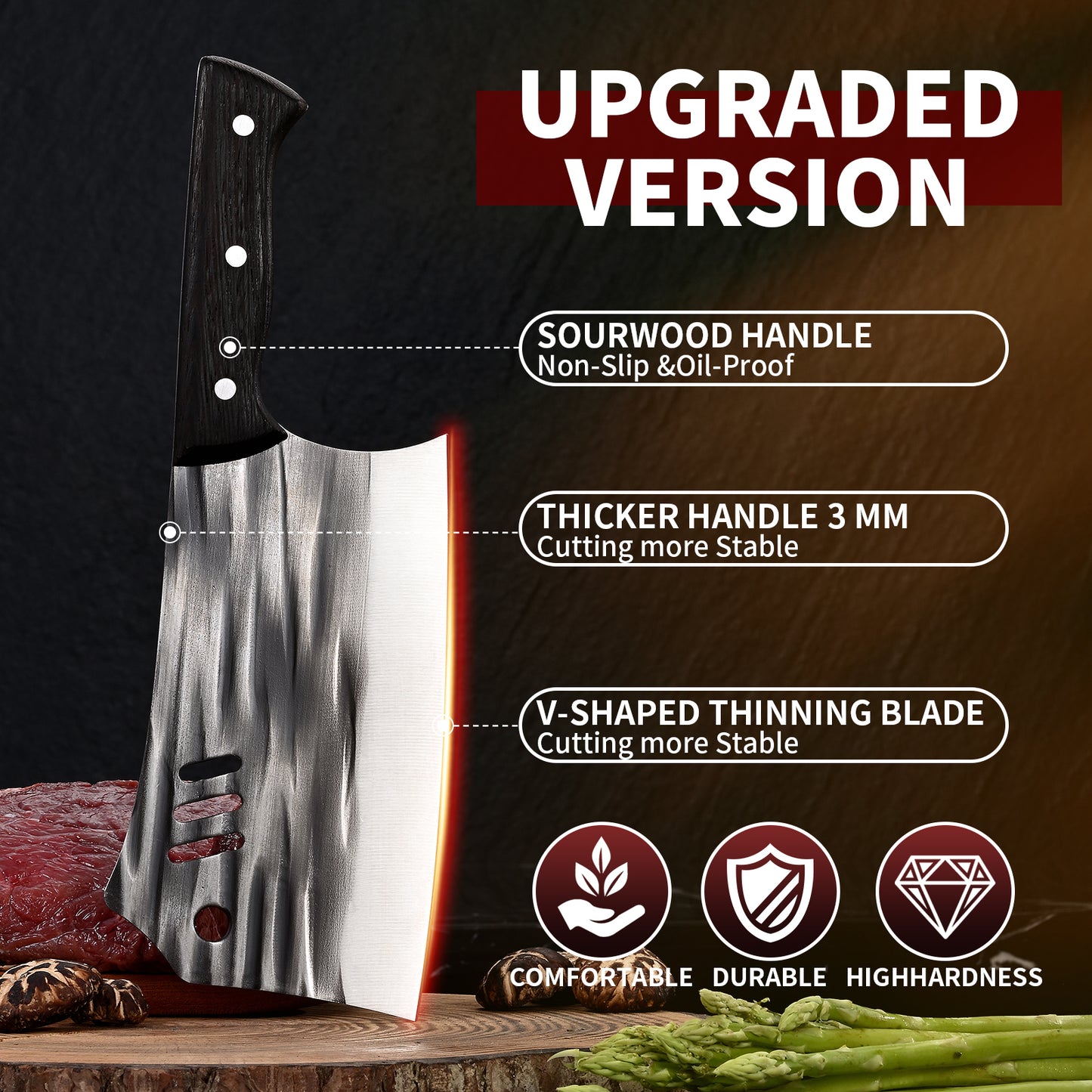 SHI BA ZI ZUO Chopping Knife Forged Cleaver Knife Heavy Duty Kitchen Knife for Meat Cutting with Anti-Slip Wooden Handle
