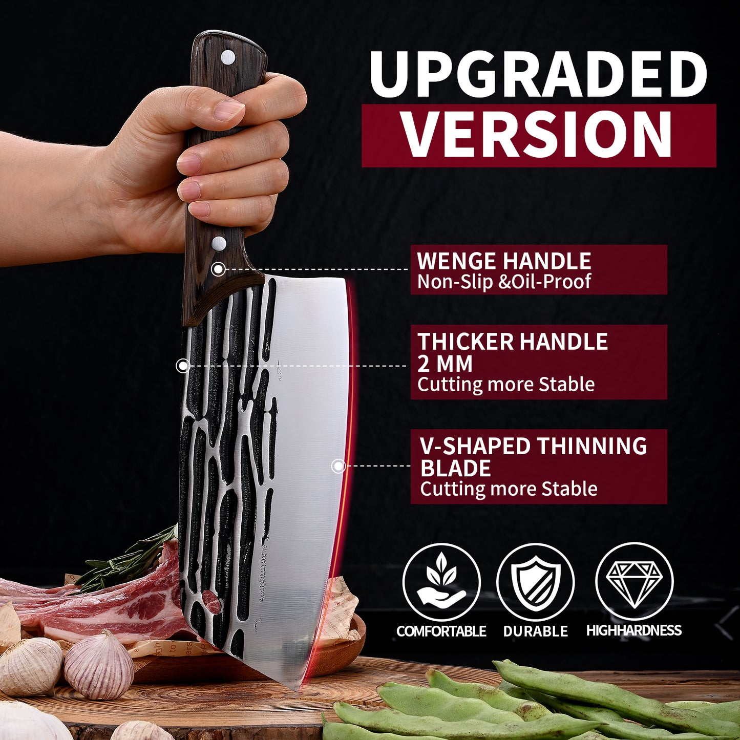 SHI BA ZI ZUO Forged Meat Cleaver Heavy Duty Kitchen Knife Chopping Knife for Vegetable and Meat Cutting,with Non-Slip Wooden Handle