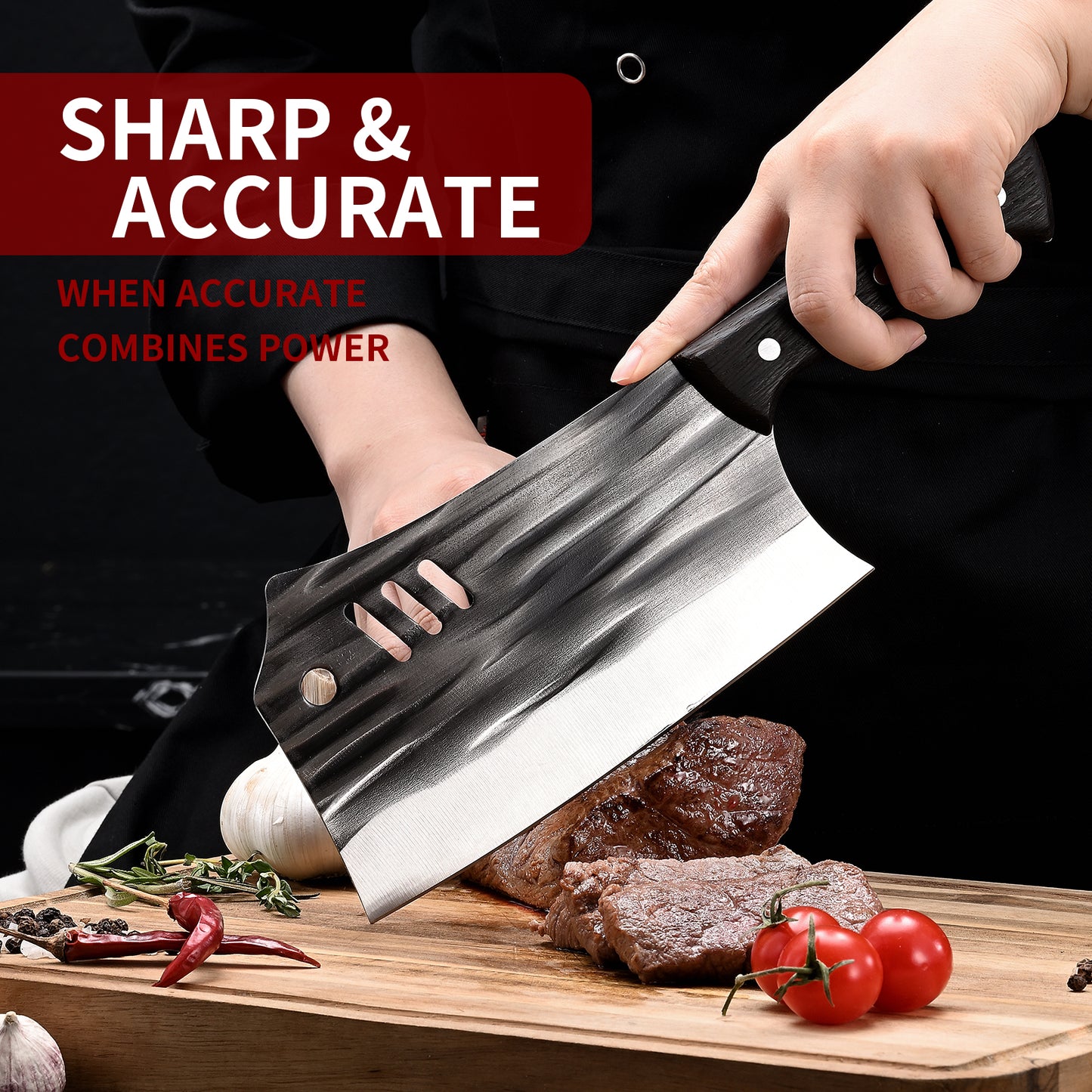 SHI BA ZI ZUO Chopping Knife Forged Cleaver Knife Heavy Duty Kitchen Knife for Meat Cutting with Anti-Slip Wooden Handle