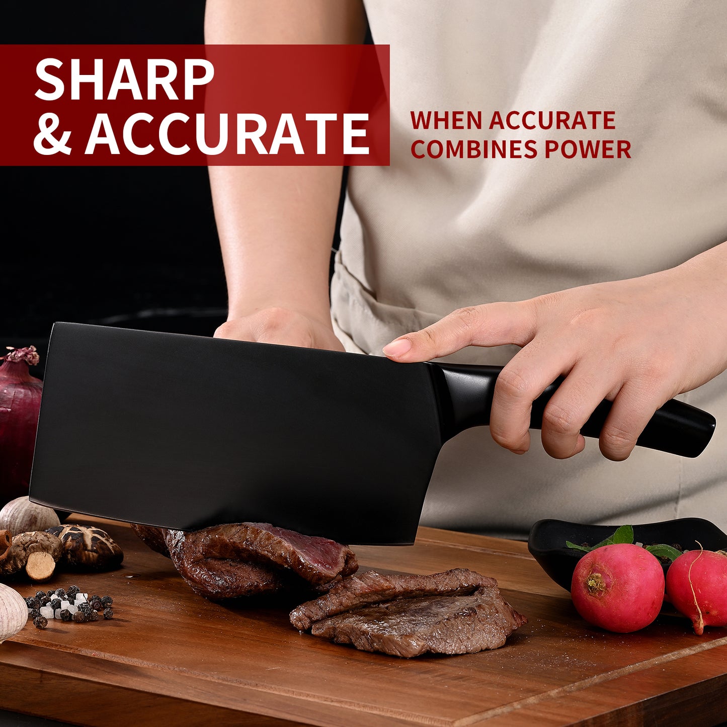 SHI BA ZI ZUO Meat Cleaver and Fruit Knife,2 Pieces Kitchen Knife Set,Black Ti Coating Cleaver Knife Slicing Knife Paring Knife with Hollow Handle
