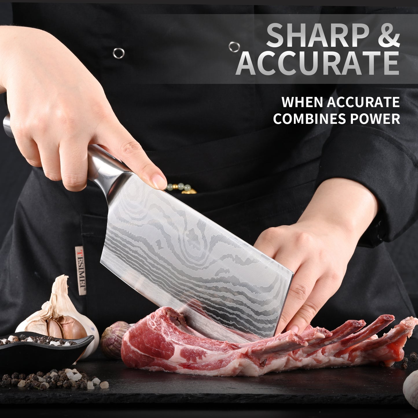 SHI BA ZI ZUO Chopping Knife and Fruit Knife,2 Pieces Kitchen Knife Set Damascus Pattern Chinese Cleaver Paring Knife with Hollow Handle