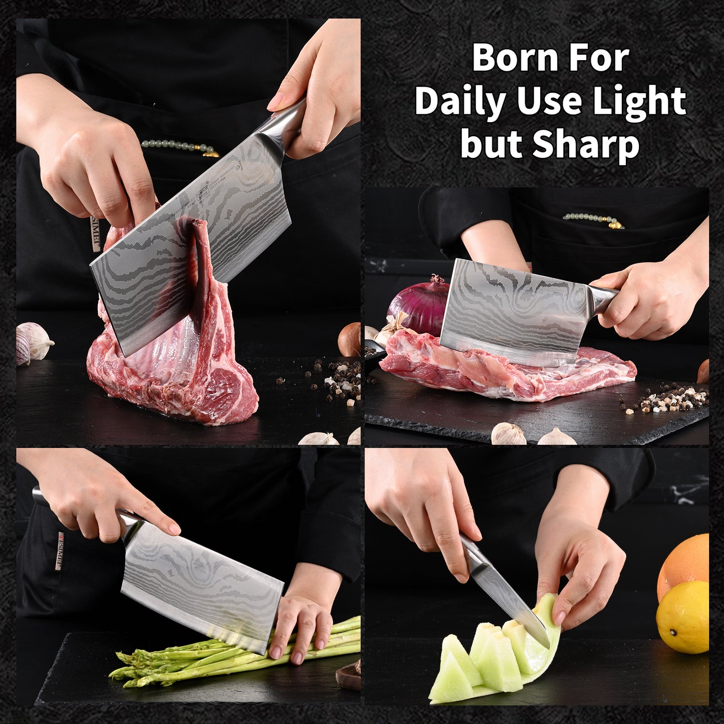 SHI BA ZI ZUO 2 Pieces Knife Set Cleaver Knife and Paring Knife,Stainless Steel Fruit knife Meat Knife with Damascus Pattern,Anti-Slip Hollow Handle