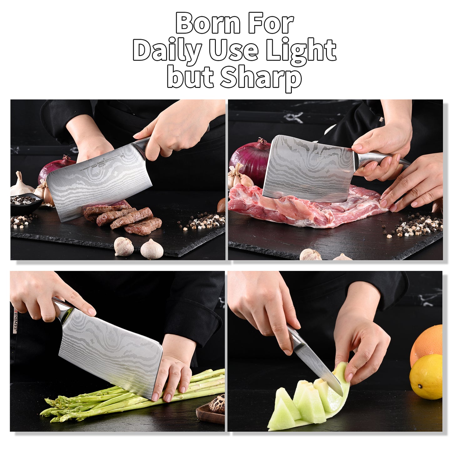 SHI BA ZI ZUO Chopping Knife and Fruit Knife,2 Pieces Kitchen Knife Set Damascus Pattern Chinese Cleaver Paring Knife with Hollow Handle