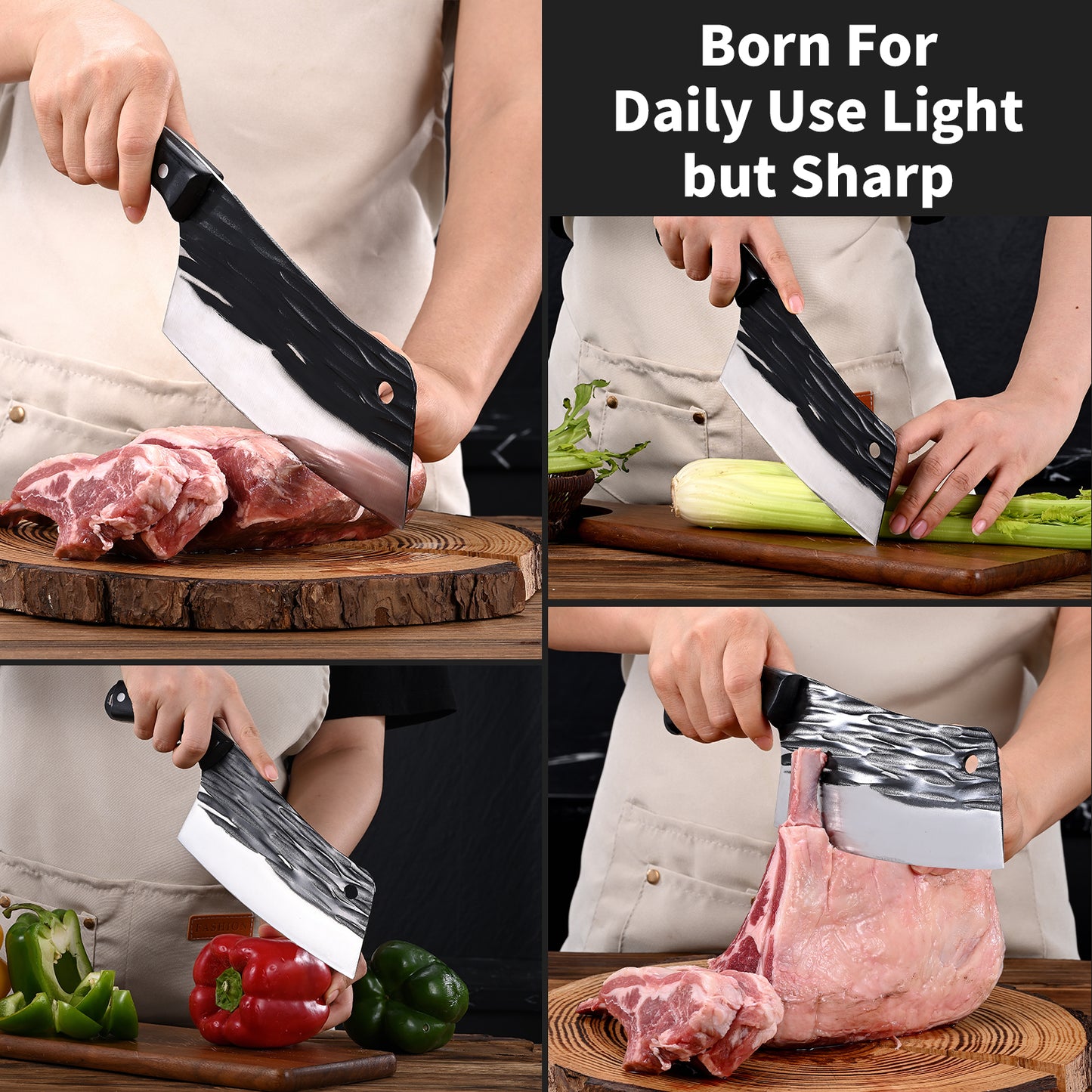 SHI BA ZI ZUO Meat Knife Cleaver Knife Forged Butcher Knife Kitchen Knife for Meat Cutting with Anti-Slip Wooden Handle