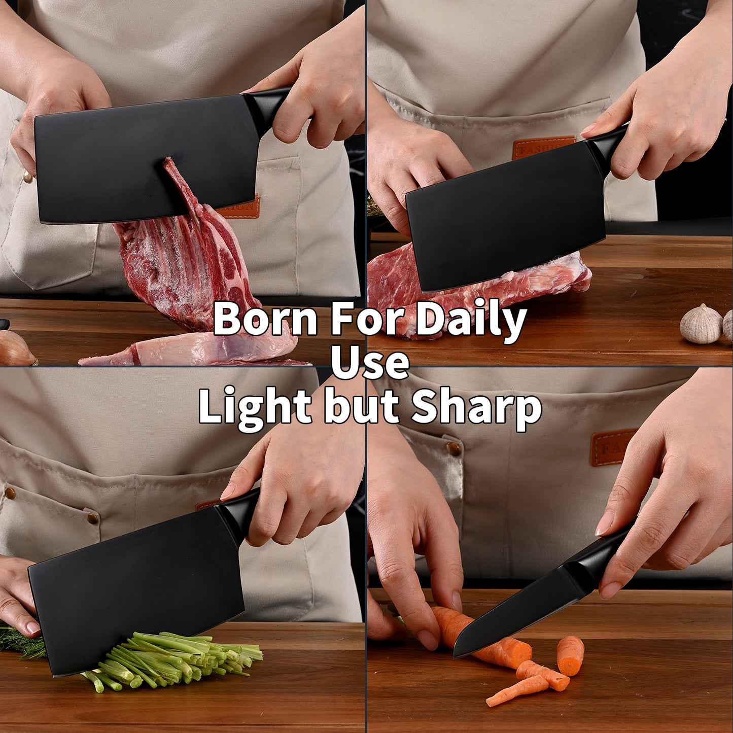 SHI BA ZI ZUO Meat Cleaver and Fruit Knife,2 Pieces Kitchen Knife Set,Black Ti Coating Cleaver Knife Slicing Knife Paring Knife with Hollow Handle