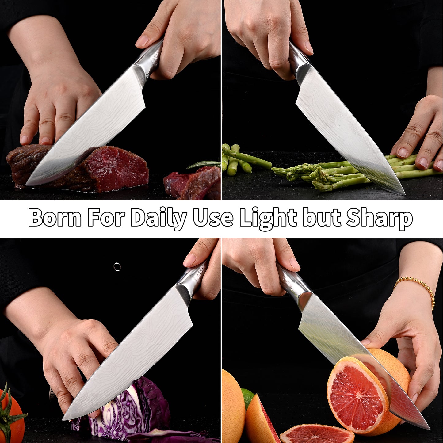 SHI BA ZI ZUO Chef Knife 10 inch Kitchen Knife Damascus Pattern Stainless Steel with Non-slip Hollow Handle
