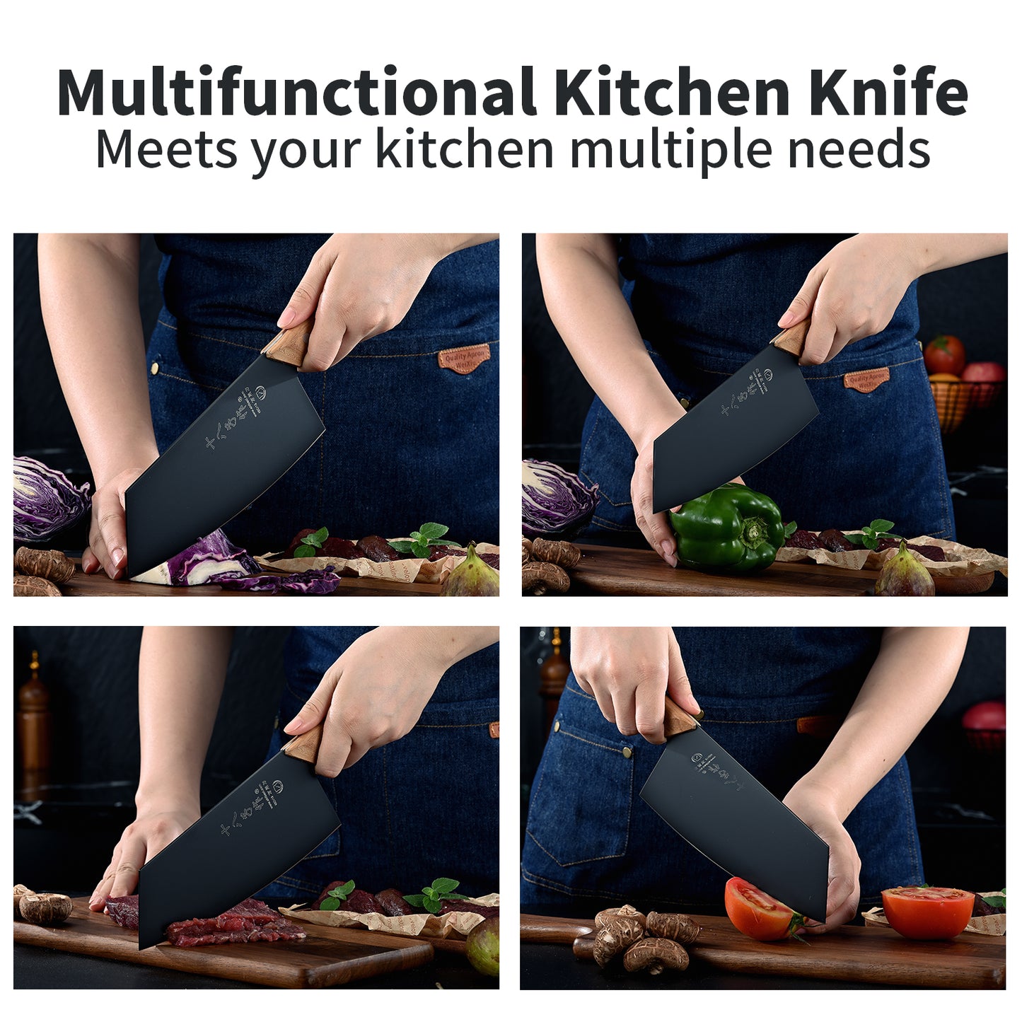 SHI BA ZI ZUO Utility Knife Chinese Vegetable Cleaver for Kitchen Stainless Steel Kitchen Knife with Ergonomic Design Wooden Handle
