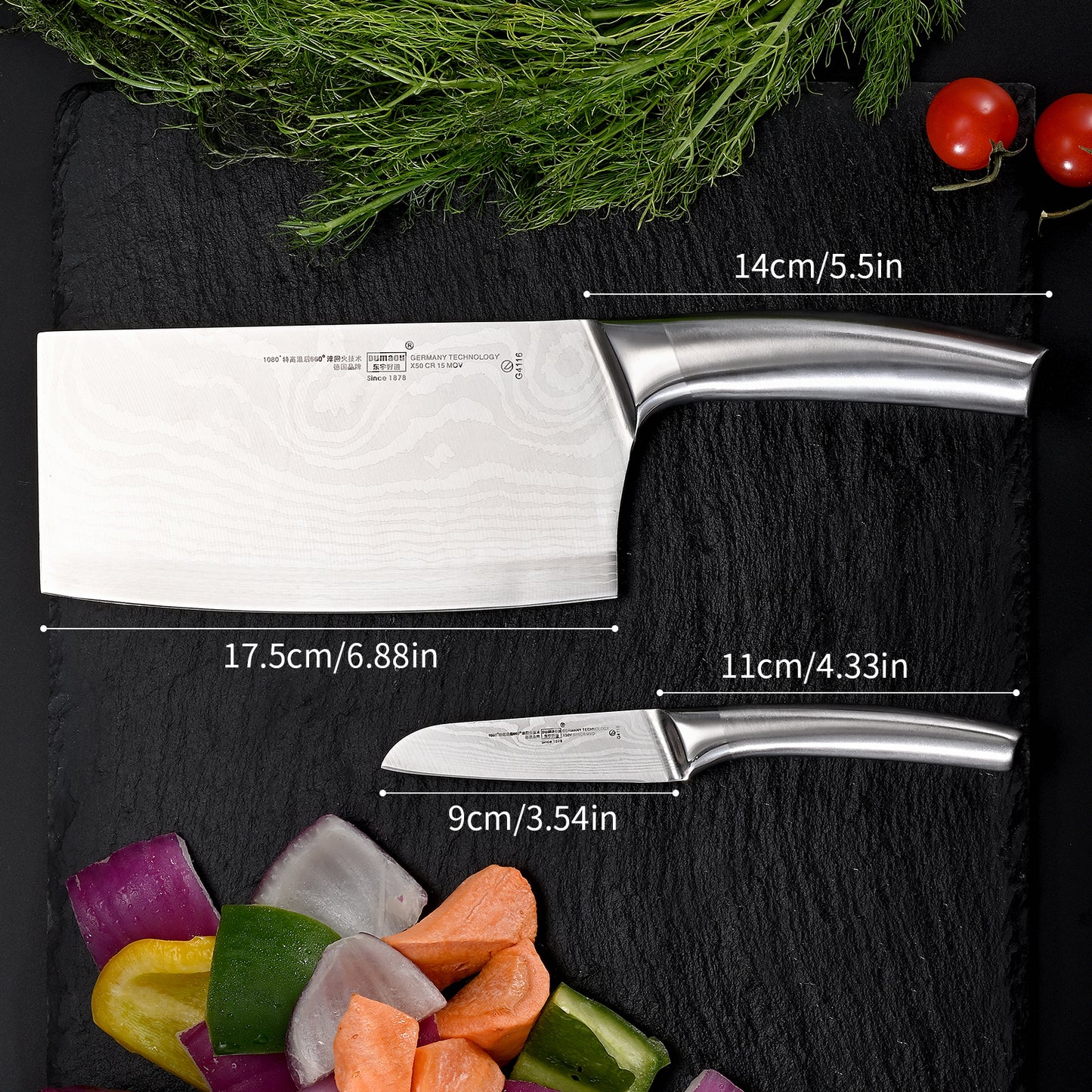 SHI BA ZI ZUO 2 Pieces Knife Set Cleaver Knife and Paring Knife,Stainless Steel Fruit knife Meat Knife with Damascus Pattern,Anti-Slip Hollow Handle