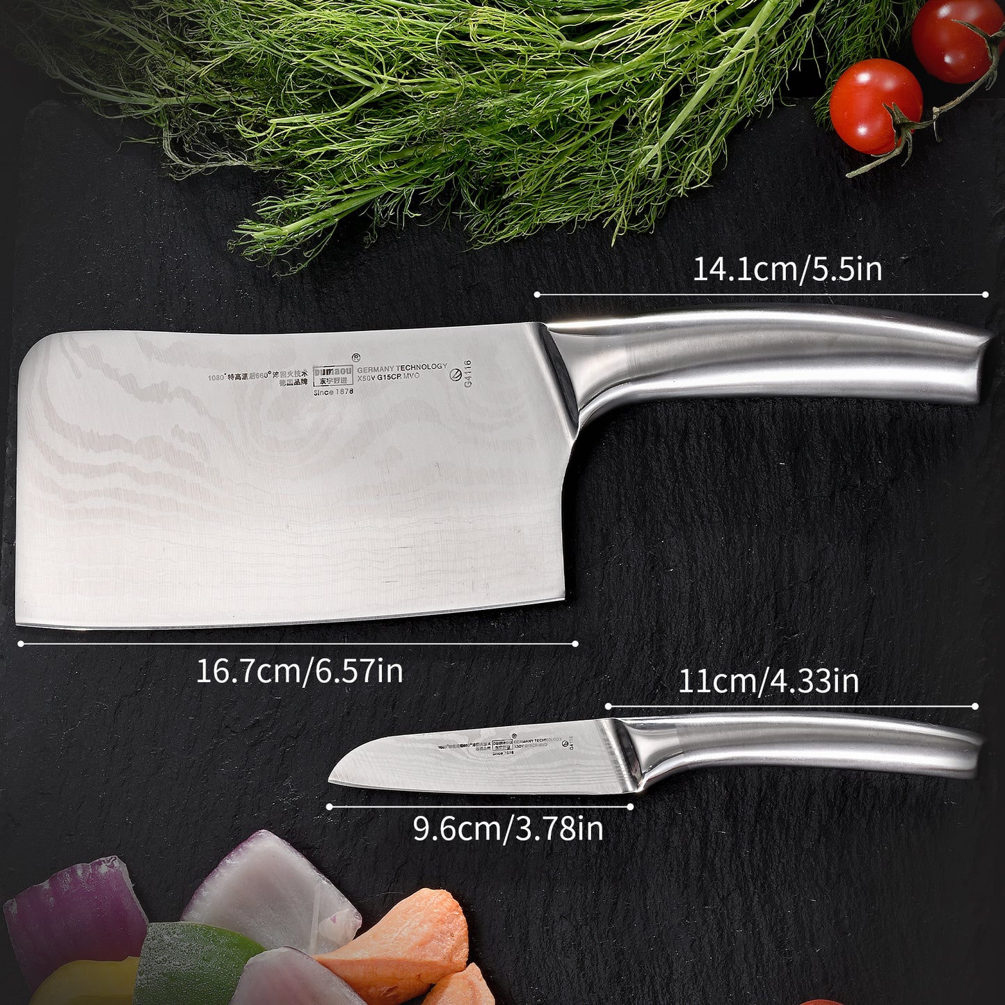 SHI BA ZI ZUO Chopping Knife and Fruit Knife,2 Pieces Kitchen Knife Set Damascus Pattern Chinese Cleaver Paring Knife with Hollow Handle