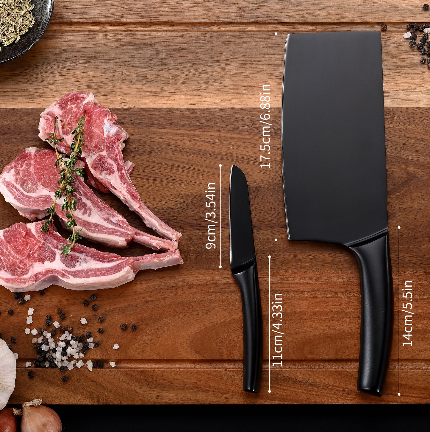 SHI BA ZI ZUO Meat Cleaver and Fruit Knife,2 Pieces Kitchen Knife Set,Black Ti Coating Cleaver Knife Slicing Knife Paring Knife with Hollow Handle