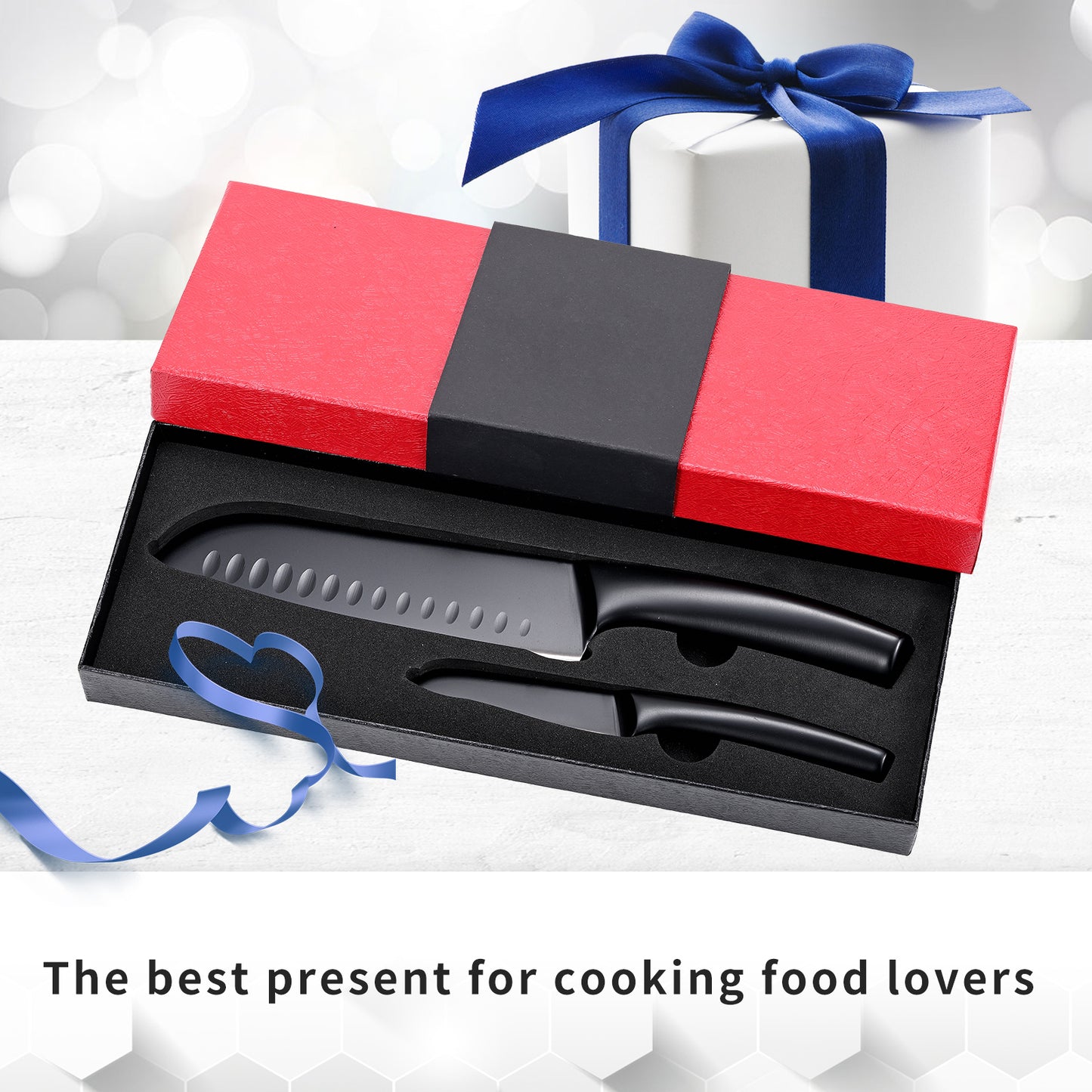 SHI BA ZI ZUO 2 Pieces Kitchen Knife Set,Santoku Knife and Paring Knife,Black Ti Coating Japanese Chef Knife Fruit Knife with Hollow Handle