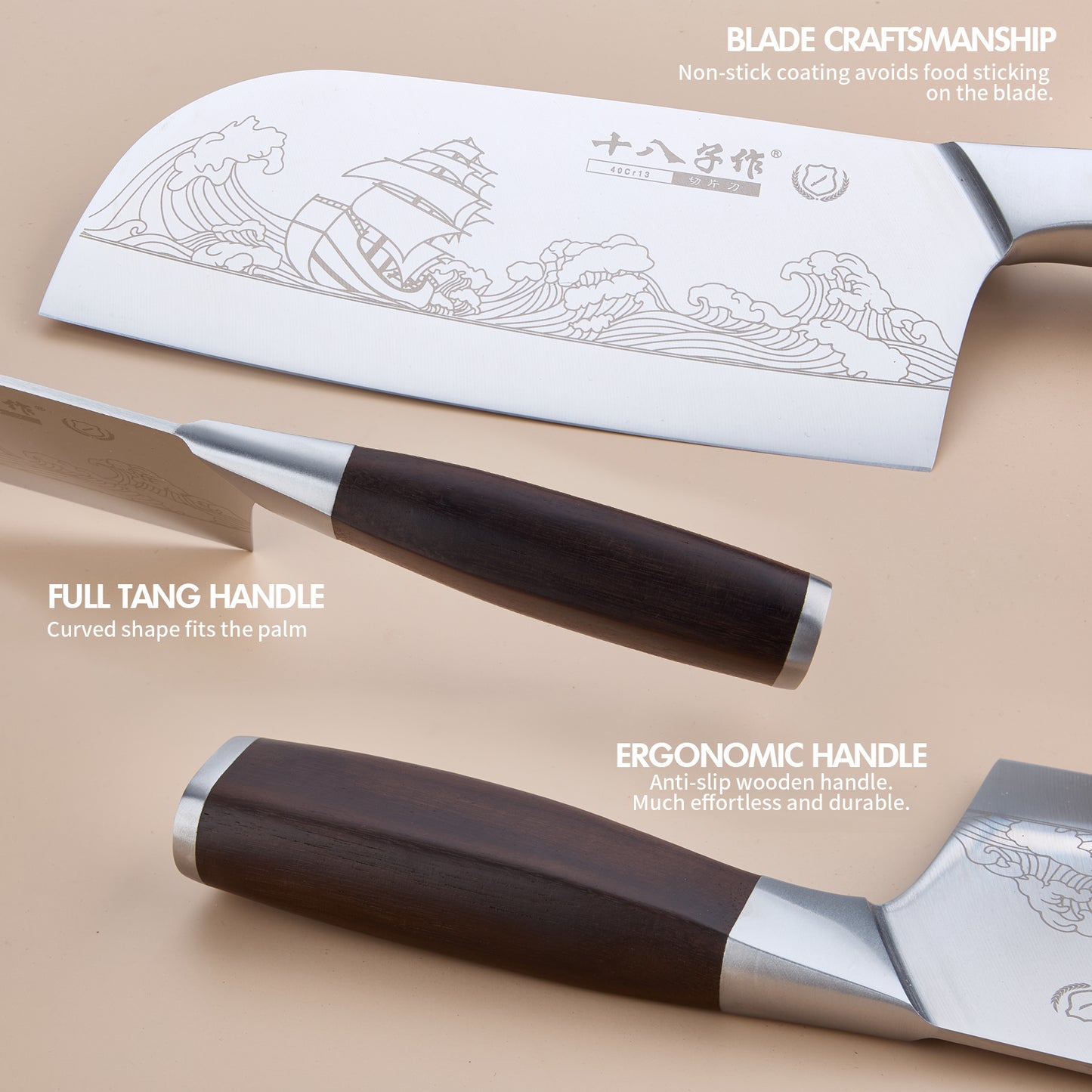 SHI BA ZI ZUO Meat Cleaver Set Chinese Style Patterns 7.09”&6.97" Chef Knife Stainless Steel Professional Kitchen Cleaver And Santoku Knife (Kitchen Knife Set 2 Pcs)