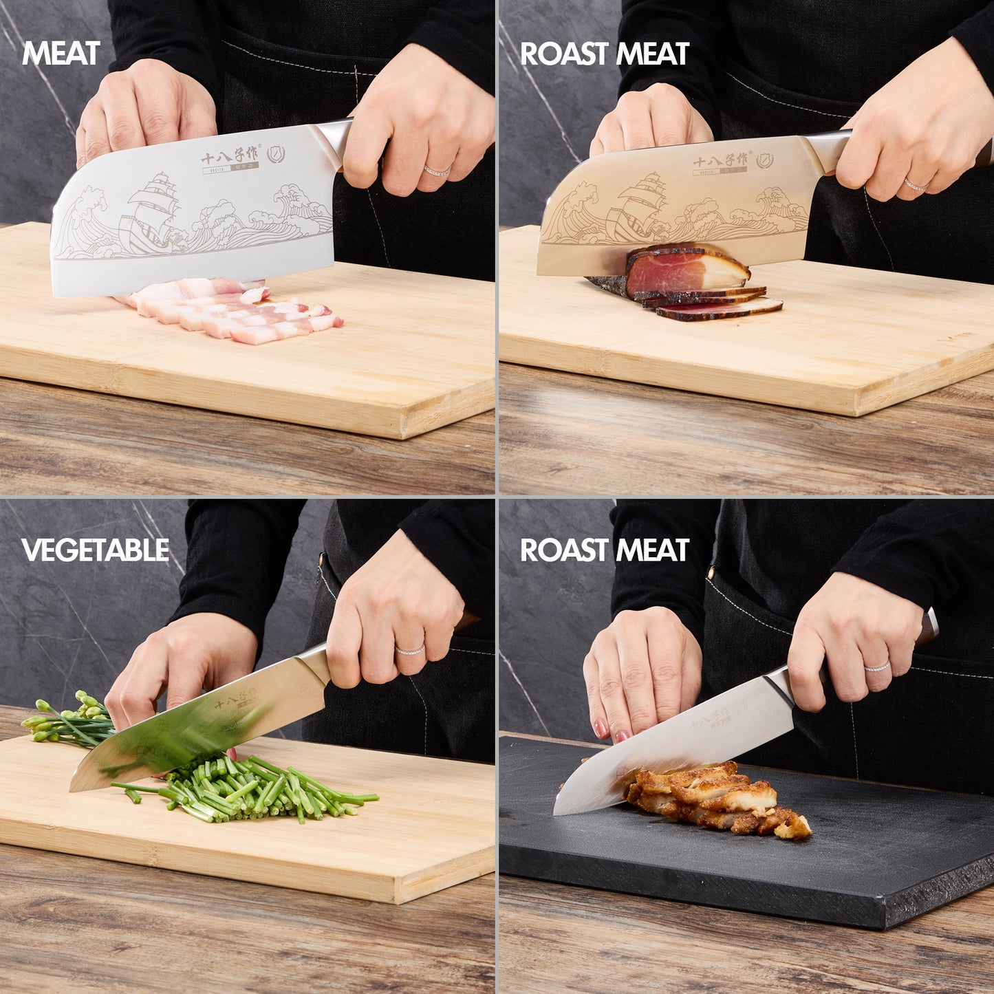 SHI BA ZI ZUO Meat Cleaver Set Chinese Style Patterns 7.09”&6.97" Chef Knife Stainless Steel Professional Kitchen Cleaver And Santoku Knife (Kitchen Knife Set 2 Pcs)
