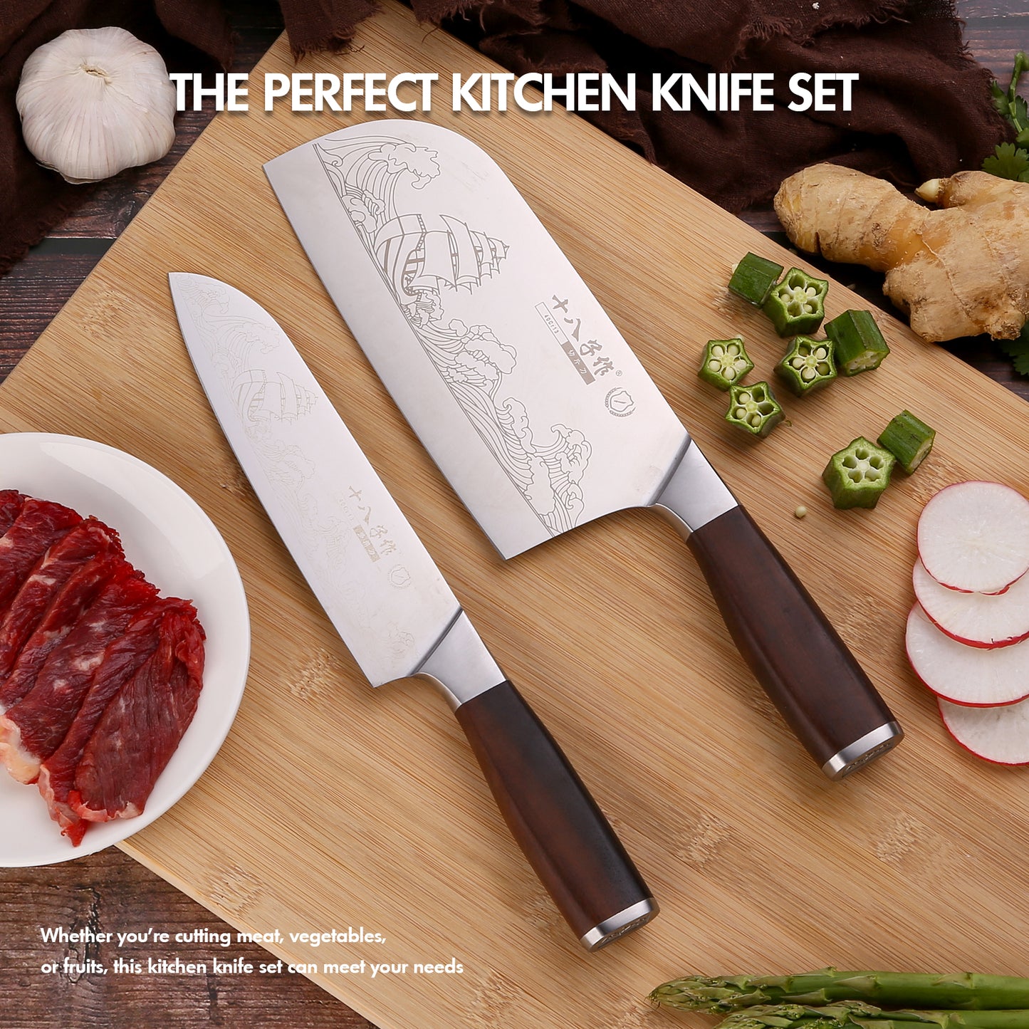 SHI BA ZI ZUO Meat Cleaver Set Chinese Style Patterns 7.09”&6.97" Chef Knife Stainless Steel Professional Kitchen Cleaver And Santoku Knife (Kitchen Knife Set 2 Pcs)