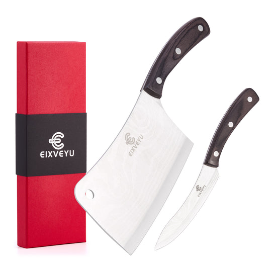 Kitchen knife set, butcher knife and fruit knife 2-piece set, professional chef's knife, kitchen knife, cleaver, Damascus pattern vegetable knife, paring knife, wooden handle, gift box