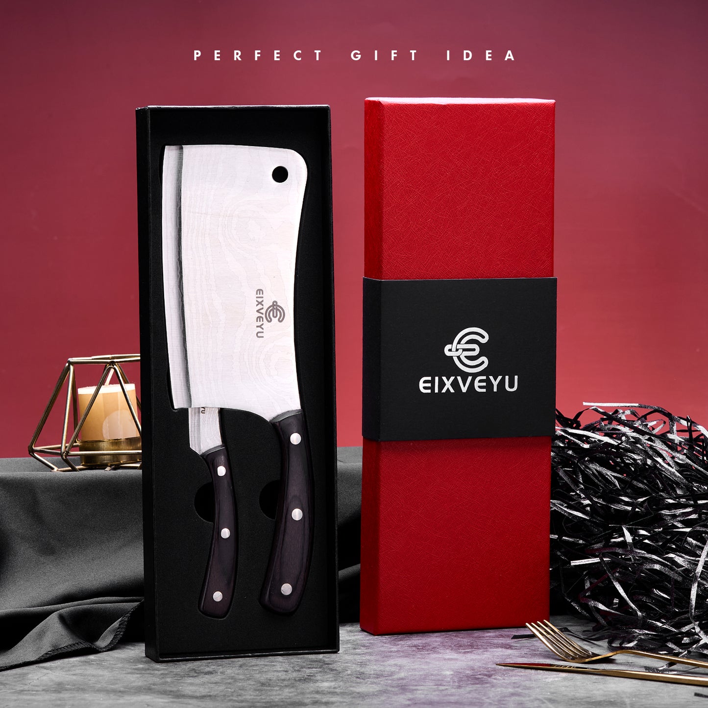 Kitchen knife set, butcher knife and fruit knife 2-piece set, professional chef's knife, kitchen knife, cleaver, Damascus pattern vegetable knife, paring knife, wooden handle, gift box