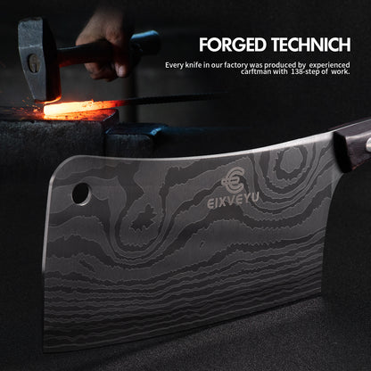 Kitchen knife set, butcher knife and fruit knife 2-piece set, professional chef's knife, kitchen knife, cleaver, Damascus pattern vegetable knife, paring knife, wooden handle, gift box