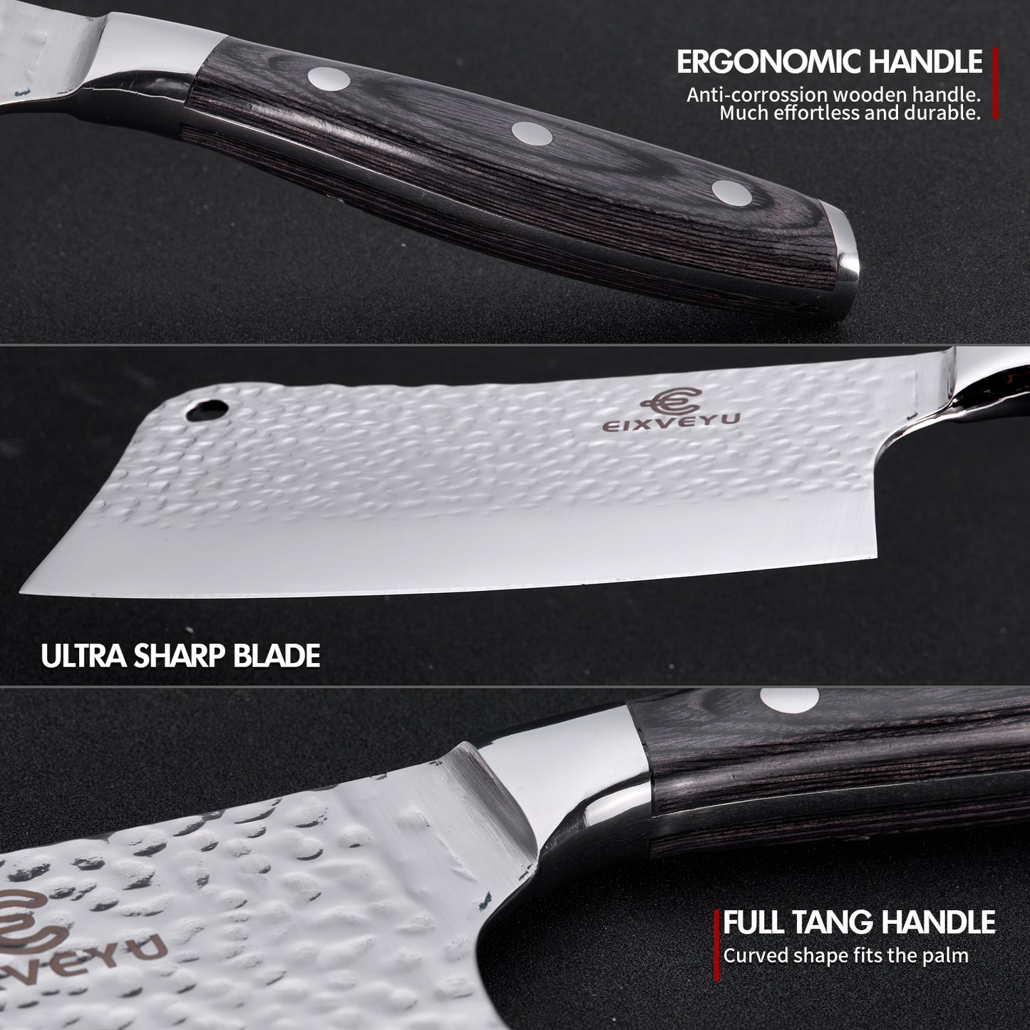 Kitchen knife set, butcher knife, chef's knife, and fruit knife 3-piece set, professional kitchen knife, forged vegetable knife, meat knife, paring knife, wooden handle, gift box