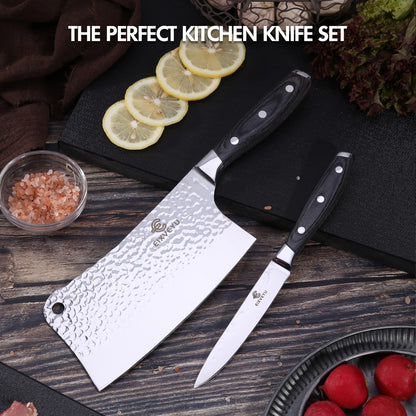 Kitchen knife set, butcher knife and fruit knife 2-piece set, professional chef's knife, kitchen knife, cleaver, forged vegetable knife, paring knife, wooden handle, gift box