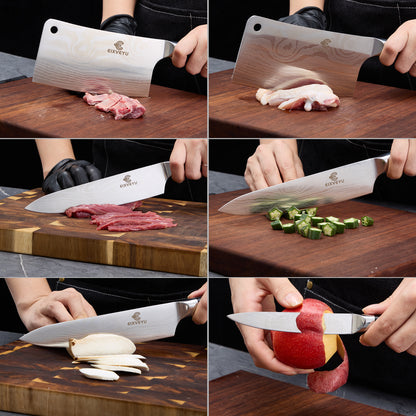 Kitchen knife set, butcher knife, chef's knife, and fruit knife 3-piece set, professional kitchen knife, Damascus pattern vegetable knife, meat knife, paring knife, wooden handle, gift box