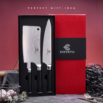 Kitchen knife set, butcher knife, chef's knife, and fruit knife 3-piece set, professional kitchen knife, Damascus pattern vegetable knife, meat knife, paring knife, wooden handle, gift box