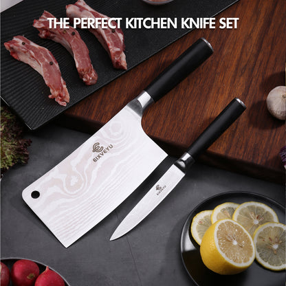 Kitchen knife set, butcher knife and fruit knife 2-piece set, professional chef's knife kitchen knife, Damascus pattern vegetable knife meat knife paring knife, stainless steel handle, gift box