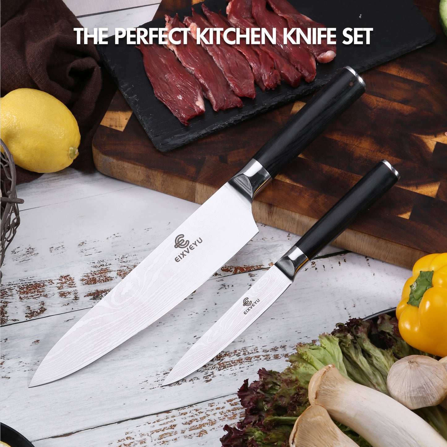Chef's knife and fruit knife 2-piece set, kitchen knife set, professional chef's knife kitchen knife, Damascus pattern vegetable knife meat knife paring knife, stainless steel handle, gift box