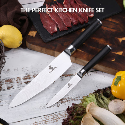 Chef's knife and fruit knife 2-piece set, kitchen knife set, professional chef's knife kitchen knife, Damascus pattern vegetable knife meat knife paring knife, stainless steel handle, gift box