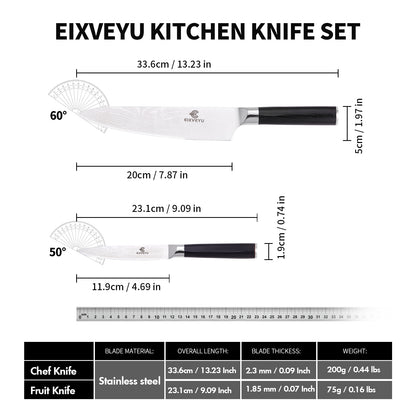 Chef's knife and fruit knife 2-piece set, kitchen knife set, professional chef's knife kitchen knife, Damascus pattern vegetable knife meat knife paring knife, stainless steel handle, gift box