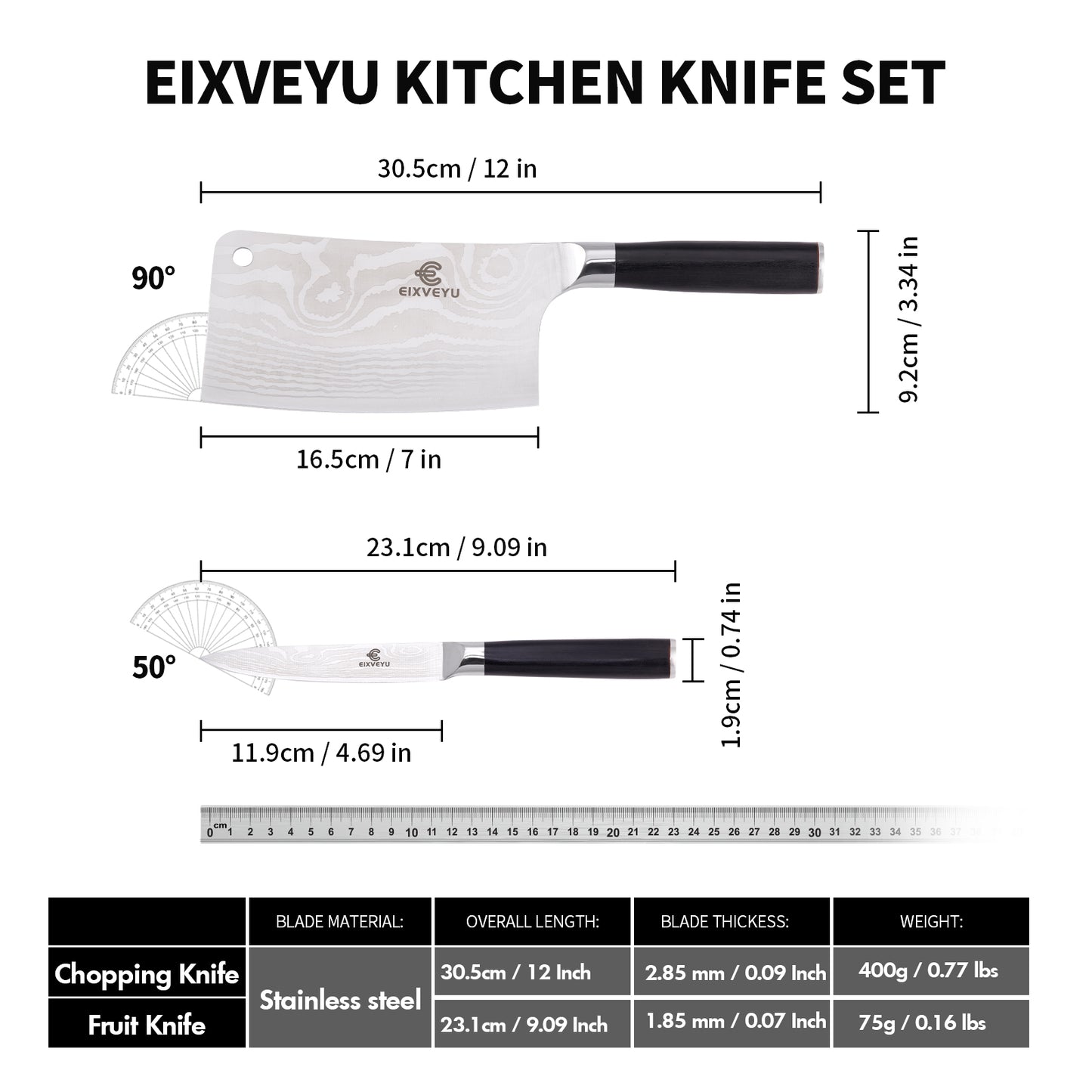 Kitchen knife set, butcher knife and fruit knife 2-piece set, professional chef's knife kitchen knife, Damascus pattern vegetable knife meat knife paring knife, stainless steel handle, gift box