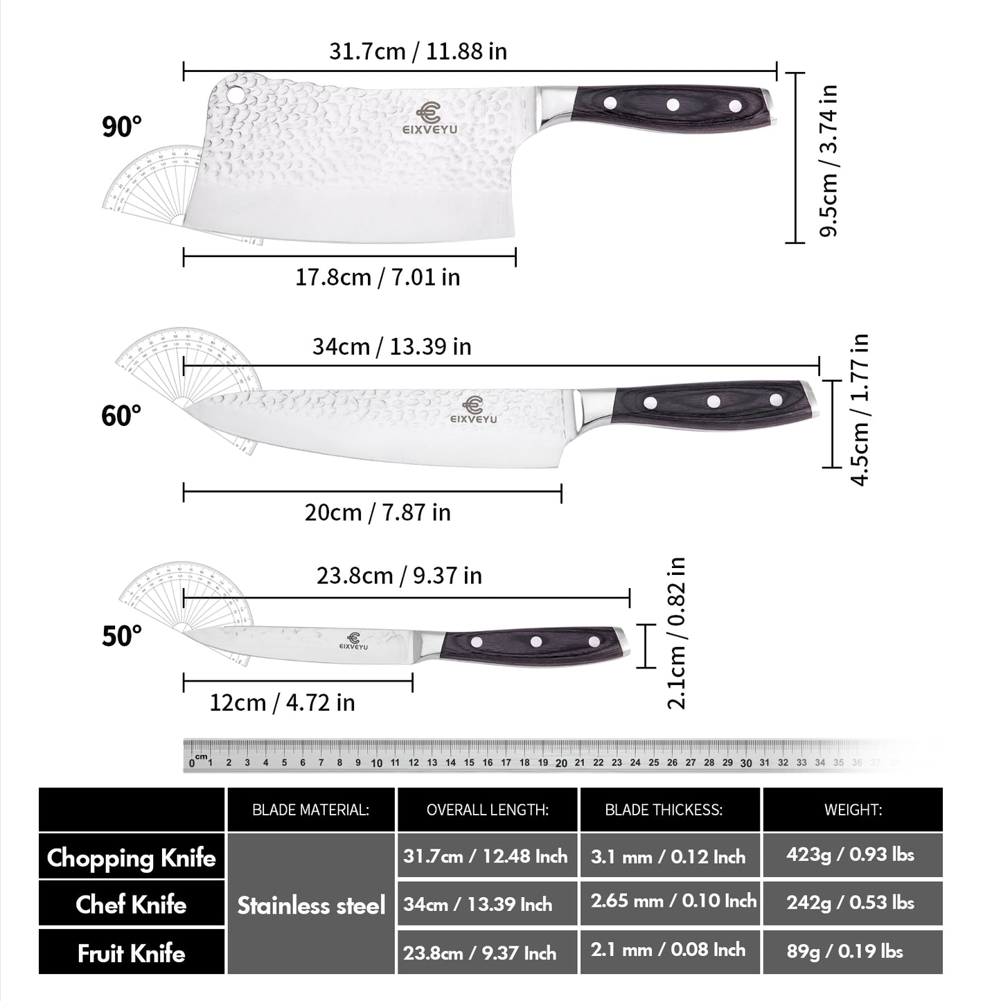 Kitchen knife set, butcher knife, chef's knife, and fruit knife 3-piece set, professional kitchen knife, forged vegetable knife, meat knife, paring knife, wooden handle, gift box