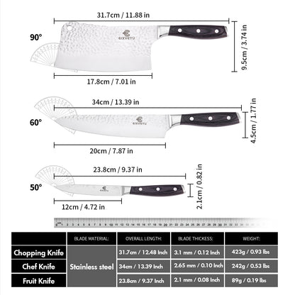 Kitchen knife set, butcher knife, chef's knife, and fruit knife 3-piece set, professional kitchen knife, forged vegetable knife, meat knife, paring knife, wooden handle, gift box